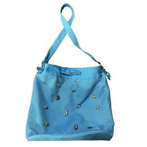 Blue Beach Bag w/ Gold & Silver Seashell Charms On Fishnet - Canvas Drawstring